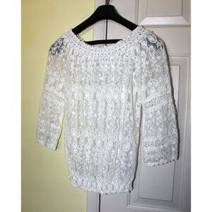 Melissa Odabash Sheer Lace White Blouse Paisley Print One Size (M) Bell Sleeve